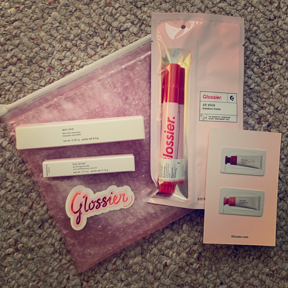 BNIB Glossier with Lash Slick, Boy Brow, Zit Stick